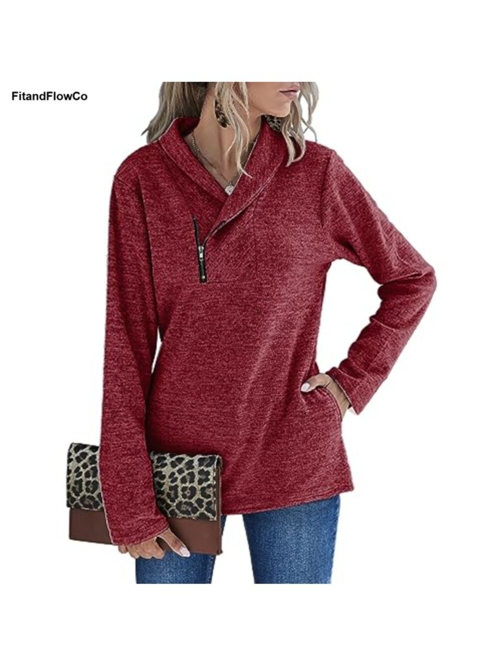 Women's Quarter Zip Fleece Sweatshirt Cowl Neck Pullover with Pockets